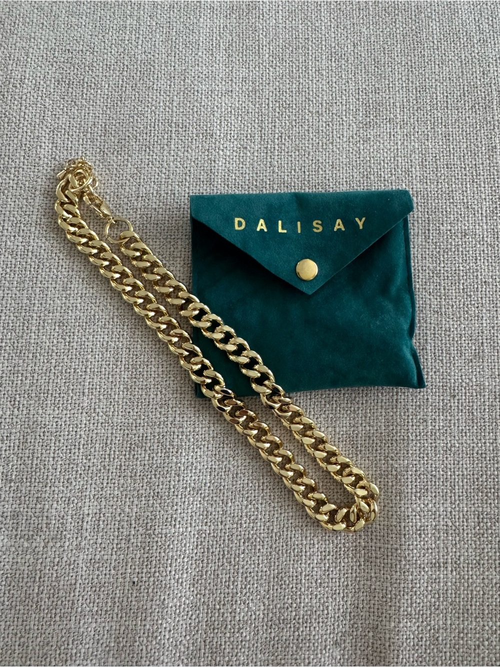 Dalisay Gold Cuban Link Chain Necklace with Green Velvet Pouch